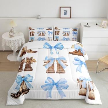 Imagem de Feelyou Conjunto de edredom solteiro com laço, decoração ocidental, para meninos, meninas, adolescentes, borboleta, nó de príncipes, conjunto de edredom com botas ocidentais, conjunto de edredom azul
