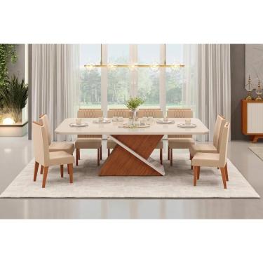 Imagem de Conjunto: Mesa Sala Jantar Zafira c/ Tampo Madeirado c/ Vidro Curvo 200x100cm e 8 Cadeiras Lia Freijo/Off White - Suede Kraft - DJ Móveis