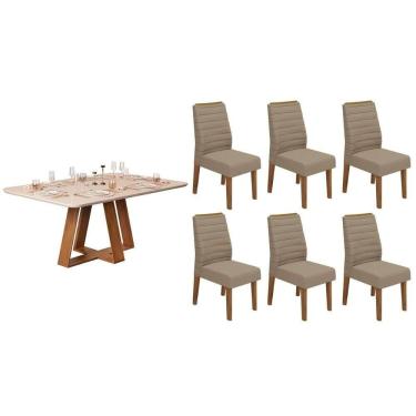 Imagem de Conjunto: Mesa Sala Jantar Celeste c/ Tampo Madeirado c/ Vidro Curvo 160x90cm e 6 Cadeiras Ondina Freijo/Off White - Linho Bege - DJ Móveis