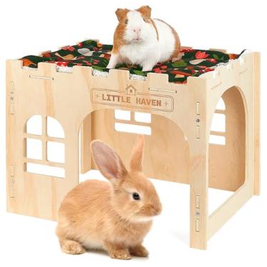 Imagem de Glittme Esconderijo de castelo de coelho de madeira – Casa de coelho grande para interior e cabana de porquinho da índia com plataforma de telhado, acessórios para gaiola de enriquecimento de cama