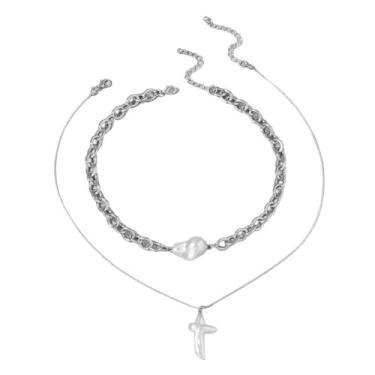 Imagem de Colar com cruz de pérolas em camadas, banhado a ouro, prata, pingente barroco, pérolas brancas, corrente grossa, gargantilha para mulheres, minimalista, cristã, casamento, aniversário, festa de Natal