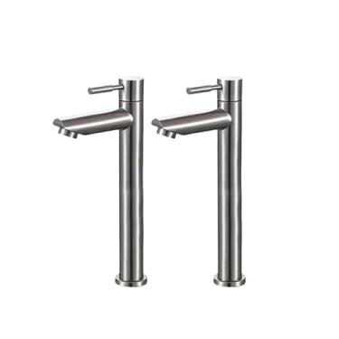 Imagem de Kit 2 Torneiras altas aço inox escovado fosco prateada bancada pia bica banheiro cozinha lavabo 1/4 de volta