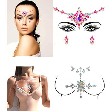 Imagem de Blindery Strass Sereia Face Gems Rave Body Jewelry Tattoo Pink Body Stickers Festival Peito Gemas para Mulheres e Meninas 2 peças