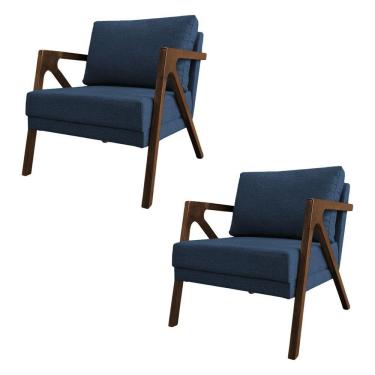 Imagem de Kit 2 Poltronas Mona Monique Luxo Base Madeira Maciça Mel Linho Azul