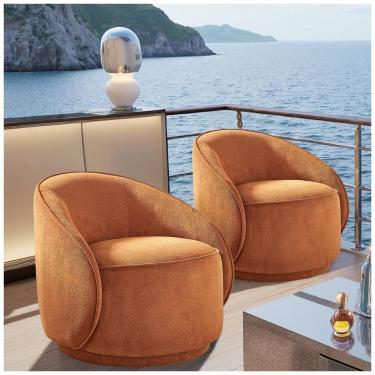 Imagem de Cadeiras giratórias Arcrinte kit com 2 poltronas tipo barrel em tecido peluciado curry, assento giratório 360°
