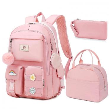 Imagem de Mochila escolar Fitvc juvenil feminina, conjunto 6 peças com lancheira, estojo, bolsa de moeda e pins decorativos