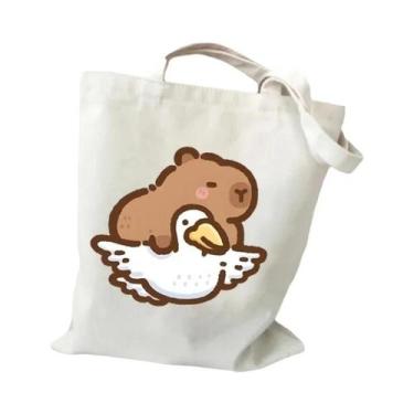 Imagem de Bolsa de Ombro Feminina de Lona com Estampa de Capivara Pizza - Grande