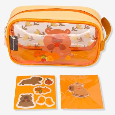 Imagem de Necessaire Zonacriativa Capivara com Adesivos em Plástico PP 14x23x6CM Laranja Kit 2 Pe...
