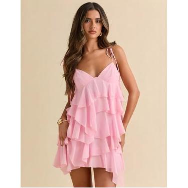 Imagem de Vestido Curto Feminino Babado Camadas Alça Fina Decote V Moda Festa El