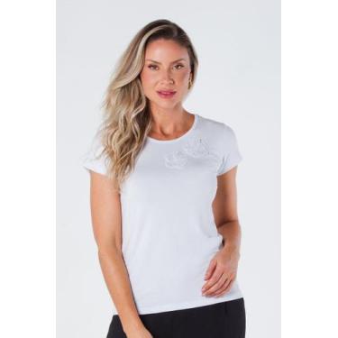Imagem de T-Shirt Baby Look com Aplique Flores de Voil Branca Maria, P