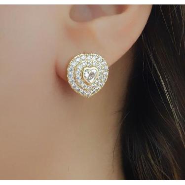Imagem de Brinco Coração com 2 Fileiras Zircônia Cristal Banhado a Ouro - Lazzul