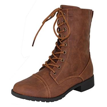 Imagem de Forever Link Tan Military Lace up Knit Ankle Cuff Low Heel Combat Boots (8)