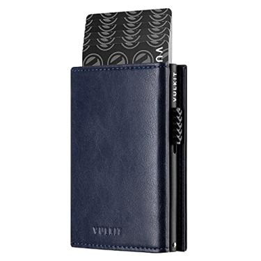 Imagem de Carteira com porta-cartões com bolso para moedas VULKIT, fecho magnético, cartões pop-up com janela de identidade, carteira de couro para dinheiro e cartões de crédito, Azul marino, Talla única