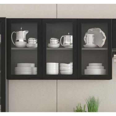 Imagem de Armário Aéreo 3 Portas de Vidro Temperado Dobradiças Slow Motion Exclusive Exclusive Itatiaia Grafite/Preto