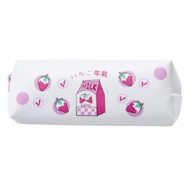 Imagem de Kawaii, estojo de lápis de morango, bonito anime rosa estética japonesa desenho animado frutas papelaria organizador bolsa suporte portátil material escolar (leite de morango)