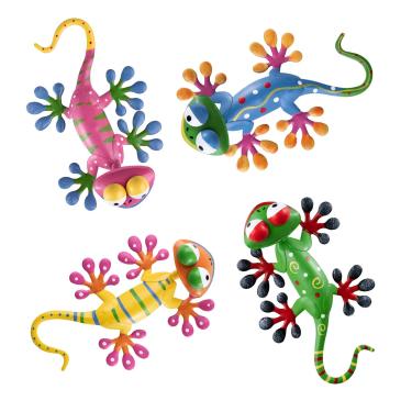Imagem de hogardeck Arte de parede de lagartixa de metal, esculturas de parede de lagarto, decoração interna ou externa com cabeça de sacudir para quintal, cerca, jardim, pátio, sala de estar, banheiro, quarto, 4 pacotes (amarelo, verde, azul e rosa)