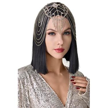 Imagem de BABEYOND Estilo vintage Roaring 20s cristal strass melindrosa cabeça cabeça jóias correntes, Dourado, tamanho �nico