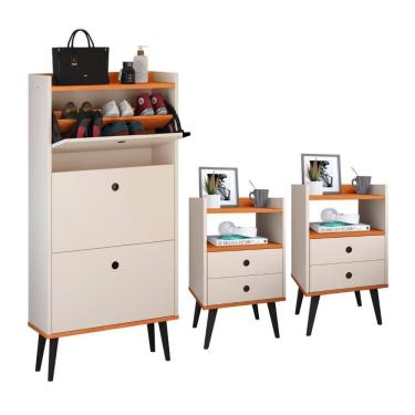 Imagem de Kit Sapateira Vertical 3 Gavetas Basculantes Dark e 2 Mesinhas Canto Quarto Nicho Decorativo Dream – Off White/Cinamomo- RPM