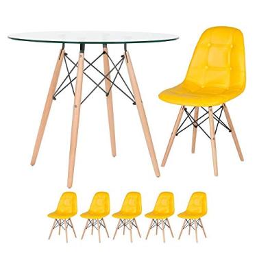 Imagem de Loft7, Kit Mesa de vidro Eames 90 cm + 5 cadeiras Eames Botonê Amarelo