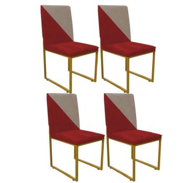 Imagem de Kit 04 Cadeira Stan Duo Sala De Jantar Industrial Ferro Dourado Suede Vermelho E Bege - Amey Decor