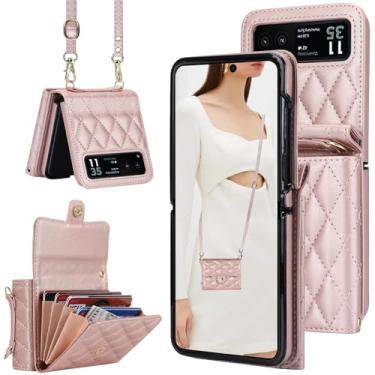 Imagem de CCSmall Capa transversal para Motorola Razr 2023 carteira para mulheres, bolsa de couro PU com compartimento para cartão de crédito bloqueio RFID cordão ajustável para Moto Razr 40 FQ ouro rosa