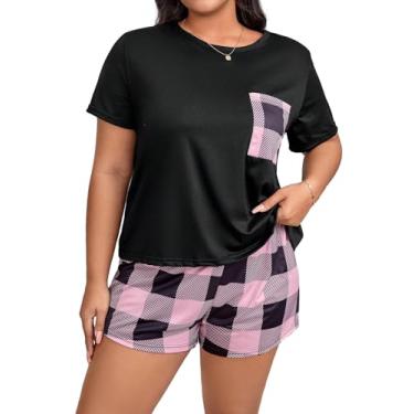 Imagem de OYOANGLE Conjunto de pijama feminino plus size, 2 peças, estampa xadrez, manga curta, camiseta e short, Rosa, preto, 3X-Large Plus