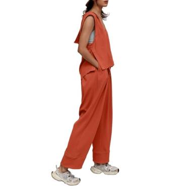 Imagem de TORARY Conjunto feminino casual de verão de 2 peças, blusa com gola V e calça solta, conjunto de agasalho moderno 2024, Vermelho tijolo, GG