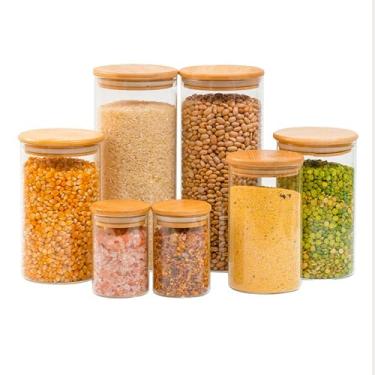 Imagem de Kit 7 potes de vidro com tampa de bambu herméticos redondos - Tüd