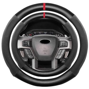 Imagem de K LAKEY Capa de volante de fibra de carbono de camurça, compatível com Ford Expedition F-150 F-250 F-350 Super Duty 40.6 cm Soft SuedeTouch couro esportivo antiderrapante acessórios interiores