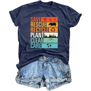 Imagem de Camiseta feminina Dia da Terra do Dia do Meio Ambiente Camiseta Save The Planet Presentes do Dia da Terra Camiseta casual, Azul, G
