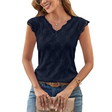 Imagem de SweatyRocks Camiseta feminina de renda floral com acabamento recortado, manga cavada, ilhós, bordada, gola V, Azul royal, GG