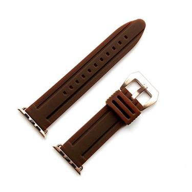 Imagem de Pulseira de borracha de silicone moderna e luxuosa com acabamento em ouro rosa reforçado com fivela larga (BRMD-RSG) de liberação rápida compatível com Apple 42 mm i Watch 1 2 3 Series Nike Hermes Edition - Pulseira de cor marrom