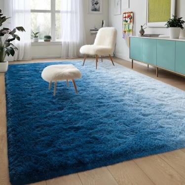 Imagem de DweIke Tapetes luxuosos e fofos para sala de estar, quarto, 15 x 23 cm, grande, gradiente, azul marinho, tapete para meninas e meninos, tapete felpudo de pelúcia antiderrapante e lavável para