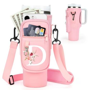 Imagem de Bolsa de transporte de garrafa de água inicial A-Z com alça para copo Stanley de 1,18 ml, suporte de garrafa de água com bolso para acessórios Stanley Cup personalizado presente de dia dos namorados