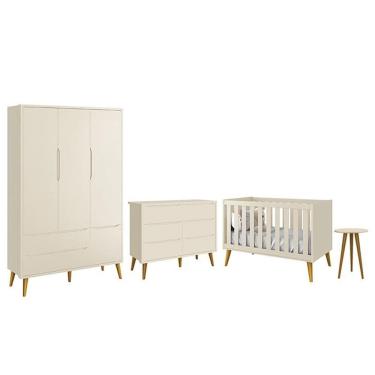 Imagem de Dormitório Completo Infantil Theo 3 Portas, Cômoda 6 Gavetas, Berço e Mesa de Canto com Pés Amadeirado - Reller Móveis