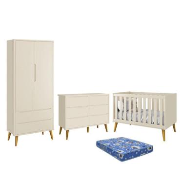 Imagem de Dormitório Theo 2 Portas, Cômoda 6 Gavetas, Berço com Pés Amadeirado e Colchão - Reller Móveis