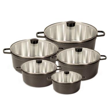 Imagem de Jogo De Panela Fundida Alumínio Batido Caçarolas 5 Peças Tampa de Vidro - Craqueado