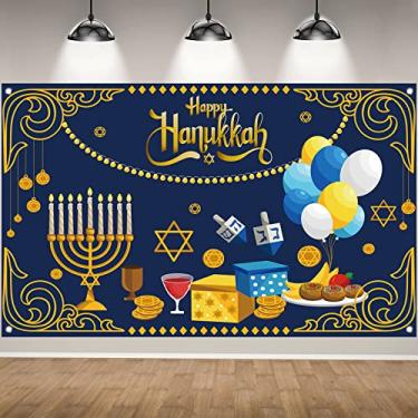 Imagem de Happy Hanukkah Backdrop for Photography Chanukah Banner Jewish Holiday Menorah Star of David Dreidel Hanukkah Decorations and Supplies for Home Party
