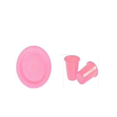 Imagem de Prato e copo rosa de plástico descartável- 100un -  ARCÓLOR