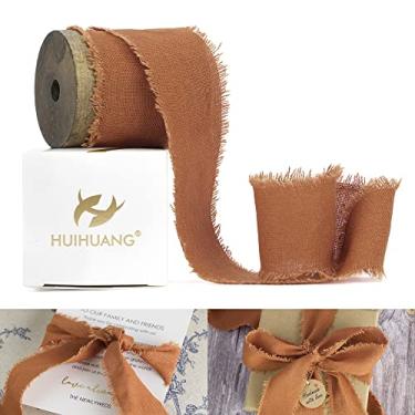 Imagem de HUIHUANG Fita de linho de algodão de terracota 3,8 cm fita de borda desgastada rústica em carretel de madeira fita de tecido de franja para buquê de noiva de casamento, gravata de convite, chá de bebê, embrulho de presente - 5 jardas