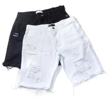 Imagem de Kit com 2 bermudas shorts jeans masculina slim rasgado preto/branco mo