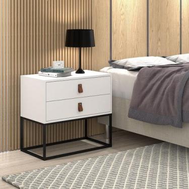 Imagem de Mesa De Cabeceira Branco Estilo Industrial 2 Gavetas Puxador em Couro 