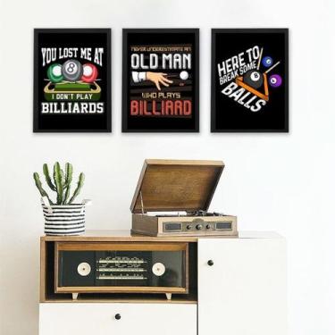 Imagem de Kit 3 Quadros Decorativos Bilhar Sinuca 24x18cm - com vidro - Quadros 
