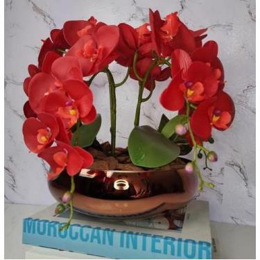 Imagem de Arranjo Com 4 Orquídeas Vermelha Vaso Cobre 28cm - FLORESCER DECOR