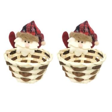Imagem de Kit 2 Cestos Natalino Palha Decorado Papai Noel Pelúcia 15cm - Master 