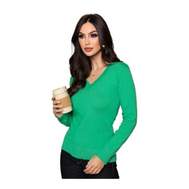 Imagem de Blusa Tricot Feminina Sueter Gola V Manga Longa - AG Acessórios, Verde