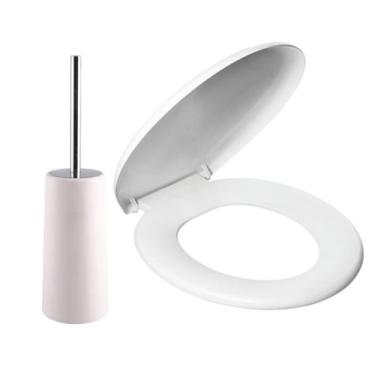 Imagem de Assento Tampa Vaso Oval Almofadado + Escova Sanitária Inox - Astra