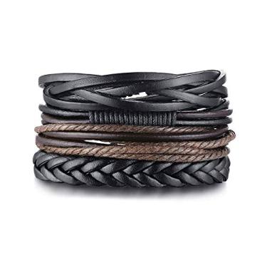 Imagem de Rockyu Pulseira masculina, couro preto, conjunto legal de 4 peças, multicamadas, contas de oração, pulseira trançada multicamadas, elegante, estilo nova-iorquino, presente de volta às aulas,