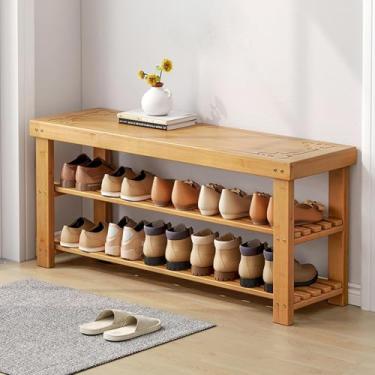 Imagem de Sapateira de bambu, sapateira de 3 níveis para entrada, organizador de armazenamento de sapatos de madeira para corredor, porta da frente, sala de estar, B, 80 cm