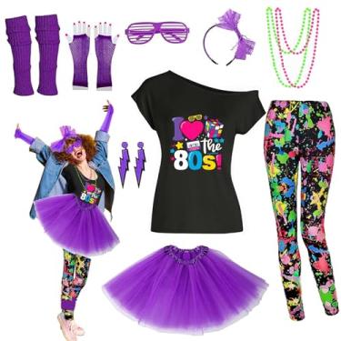 Imagem de Xintorch Conjunto de acessórios femininos para fantasia dos anos 80, camiseta, leggings, saia tutu, polainas de festa Neno, faixa de cabeça, Multicolorido., P